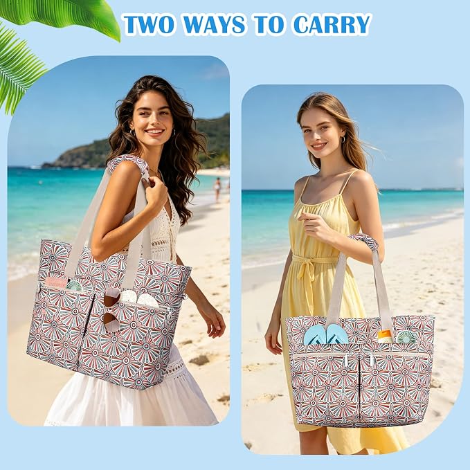 HUANLANG Large Beach Bags for Women Pool Bag with Zipper, Waterproof Sandproof Beach Tote Travel Bag with Wet Pocket - Image 9