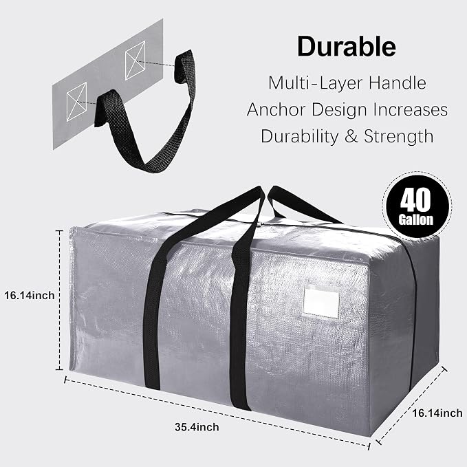 6 Pack Heavy Duty Extra Large Moving Bags W/Backpack Straps - Strong Handles & Zippers, Storage Totes For Space Saving, Fold Flat, Alternative to Box and Bin (40 gal, Silver) - Image 2