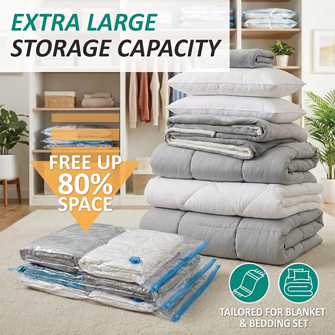 Cozy Essential Vacuum Storage Bags, 80% Compression Vacuum Seal Space Saver Plastic Packaging Bags for Clothes, Blankets, Pillow, Bedding, Comforters, Sealer Clothing Storage,12 Jumbo - Image 2