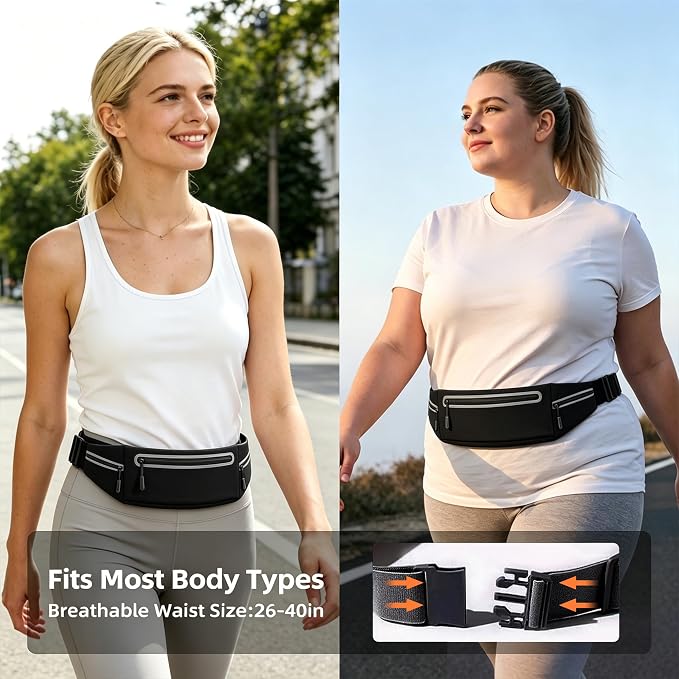 Slim Running Belt for Women Men,Phone Holder Waist Pack,Runners Fanny Pack | No-Bounce,Sweat-Proof Pocket,Travel Money Pouch for Gym/Hiking/Cycling,Three pocket,Two Highly Reflective Strips - Image 4