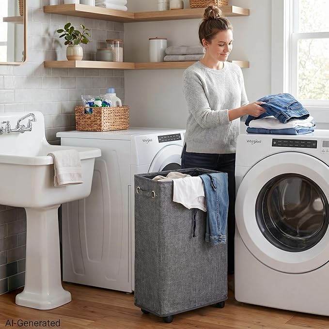 DOKEHOM 29" Enlarged Slim Rolling Laundry Basket Hamper on Wheels, Grey | Collapsible tall laundry hamper with removable mesh wash bag. Foldable narrow corner clothes storage bin for small spaces - Image 6