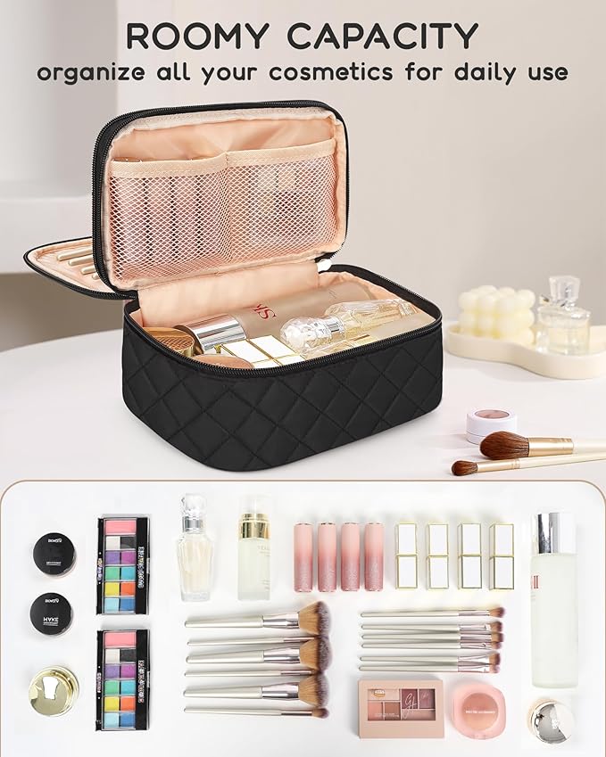 Relavel Small Travel Makeup Bag for Women, 2 Layer Makeup Organizer | Travel Cosmetic Bag with Separate Brush Compartment, Portable Make Up Storage with Handle for Short Trip, Gym - Image 4