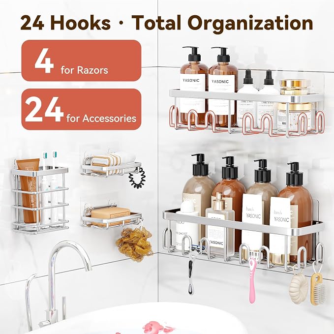 Shower Caddy Adhesive, Rustproof Shower Organizer, Wall Shower Rack | Large Capacity Shower Shelves for Inside Shower, Shampoo Shower Holder, Silver, 2 Caddies, 2 Soap Dishes, 1 Toothbrush Holder - Image 2