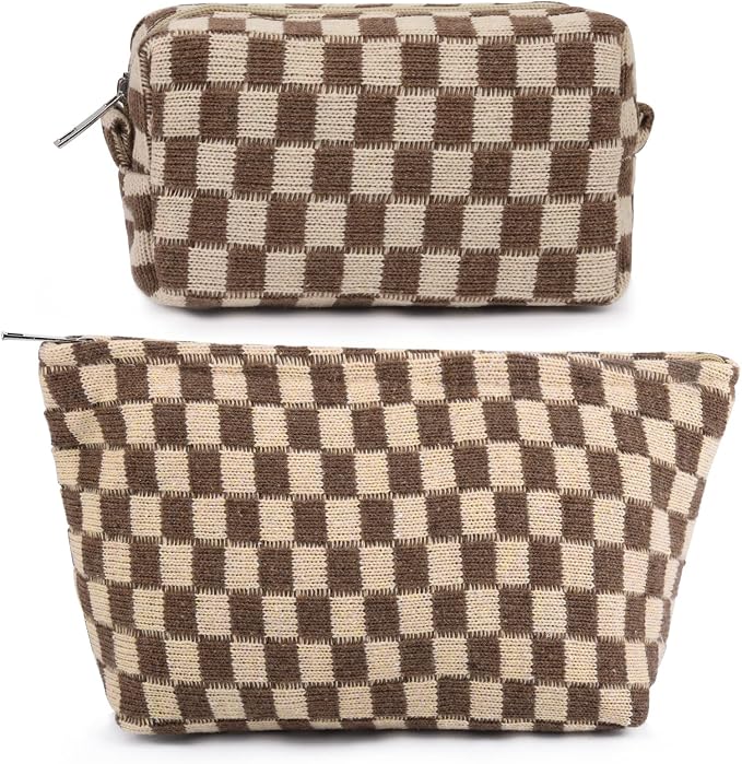 SOIDRAM 2 Pieces Makeup Bag Large Checkered Cosmetic Bag Capacity Canvas Mix Travel Toiletry Bag Organizer Cute Makeup Brushes Aesthetic Accessories Storage Bag for Women, Checkered Mix Brown by SOIDRAM