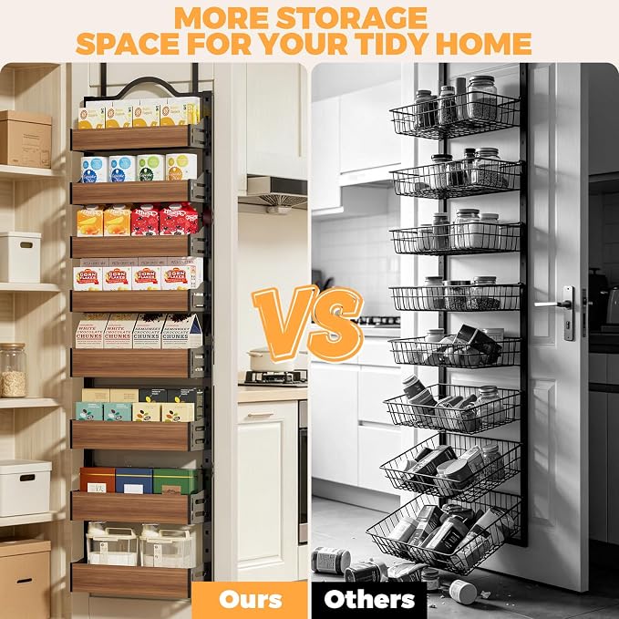 8-Tier Pantry Door Organizer, Over the Door Pantry Organizer with Wooden Adjustable Baskets, 2 IN 1 Spice Rack Wall Mount or Door Organizer, Door Spice Rack（12.4"W x 5.5"D x 66.1"H,1 Pack, Black) - Image 6