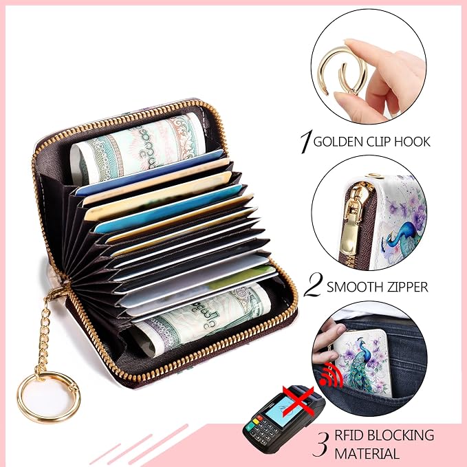 Blusabaca RFID Credit Card Holder Small Women Travel Wallet, Peacock | Removable Keychain, Case with Zipper, Vegan PU Leather, Cash Coin Pocket, Business Accordion Purse, Ladies Female Gift - Image 5