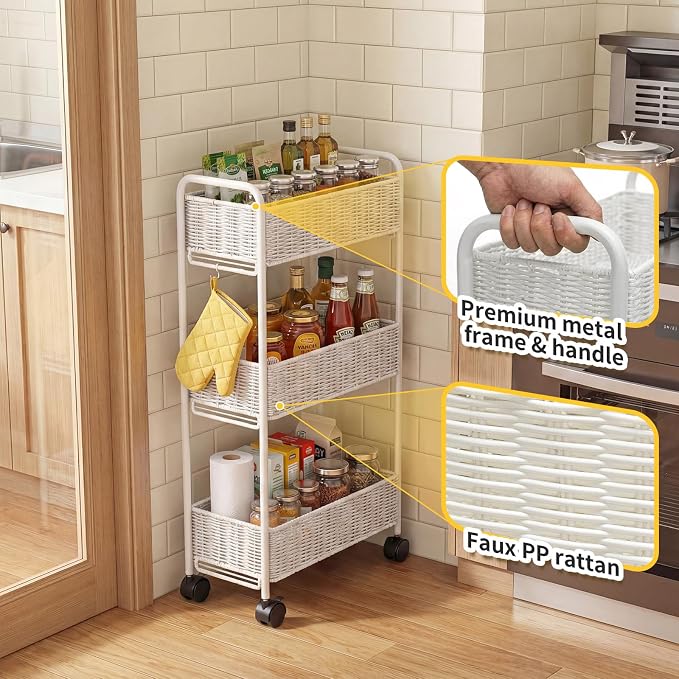 Utility Slim Storage Cart,3-Tier Rolling Kitchen Office Laundry Room Cart,Mobile Shelving Unit Organizer for Living Room Bathroom Baby Diaper Narrow Places (White, UC-White-7.1inch) - Image 6