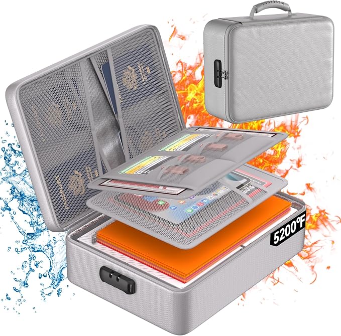DocSafe 5200°F Fireproof Document Organizer Box with Lock, Silver (Soft) | Heat Insulated 8 Layers File Protection Bag,Water-Resistant Zipper,Portable Home Office Travel Safe Storage for Files,Laptop by DocSafe