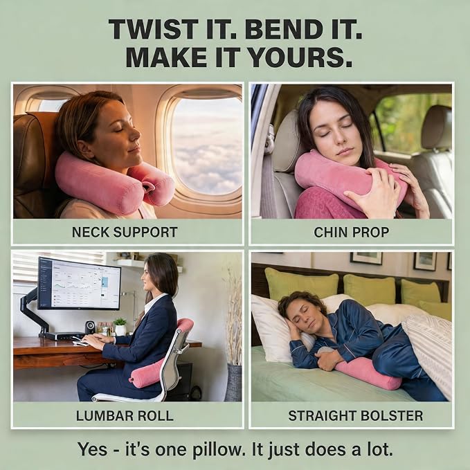 Dot&Dot Twist Memory Foam Travel Pillow, Bendable Neck Pillow for Airplane, Car and Home, 26-Inch Adjustable Roll with Washable Cotton Cover, Pink - Image 3