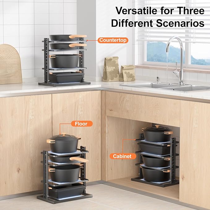 LAMU Pots and Pans Organizer for under Cabinet, 4-Tier Heavy Duty Pan Pot Organizers inside Cabinet, Adjustable Pot Rack Kitchen Cabinet Organization and Storage Holds up to 12" Cookware - Image 3