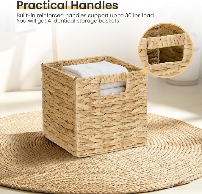 Water Hyacinth Storage Baskets 9in, 4 Pack Wicker Storage Cubes with Handles, Foldable Natural Woven Baskets for Shelves Closet Bathroom, Handmade Organizer Bins - Image 8