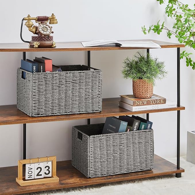 Wicker Storage Basket, Set of 2 Hand-Woven Paper Rope Wicker Basket, Small Storage Baskets for Organizing Toilet Paper Basket, Foldable Large Cube Storage Organizer Bins for Shelves (Grey) - Image 5