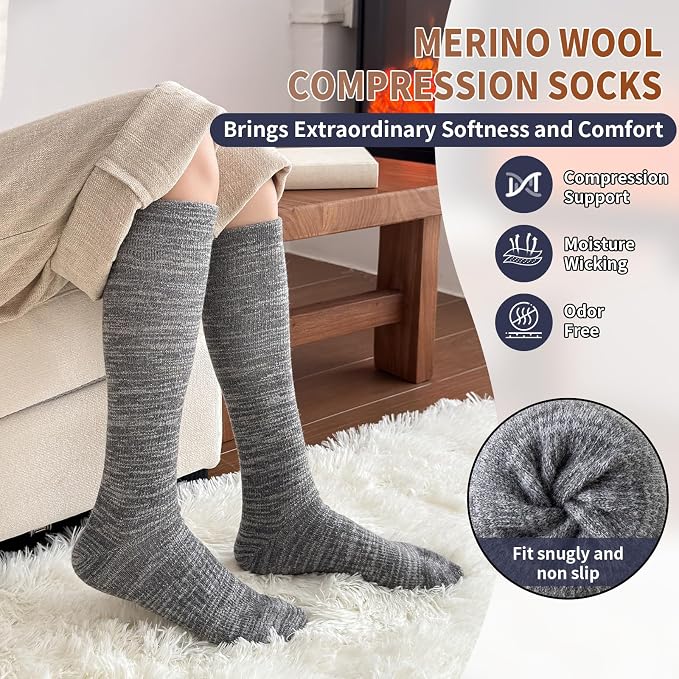 Merino Wool Compression Socks for Women Men,15-20mmHg for Flying | 3 Pairs, Knee High, Moisture Wicking, Temperature Regulation, Thermal Warm, Graduated Compression Socks for Running, Travel - Image 2