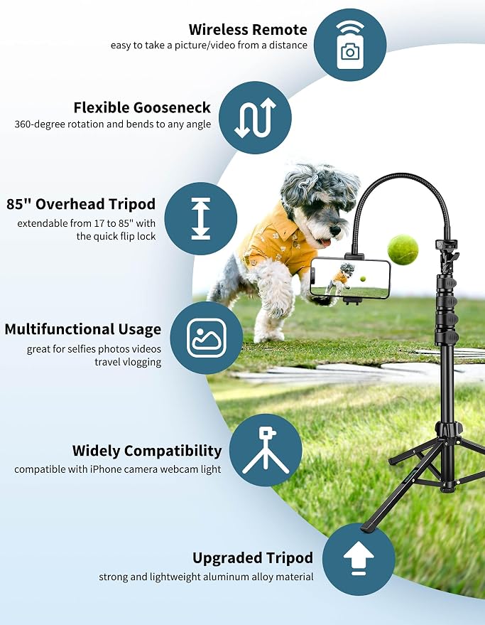 Phone Tripod, 85" Tripod for Cell Phone iPhone with Gooseneck | Aluminum Tripod Stand for Video Recording Photo Vlog, Travel Cellphone Tripod with Remote Compatible with iPhone Android - Image 5