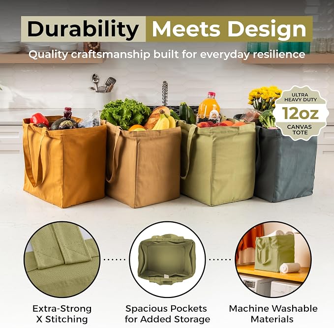 VeraMia Canvas Grocery Bag 3pc XL Set with Real Pockets, Long Shoulder Strap and Short Handle. Heavy Duty, Foldable, Washable - Image 4