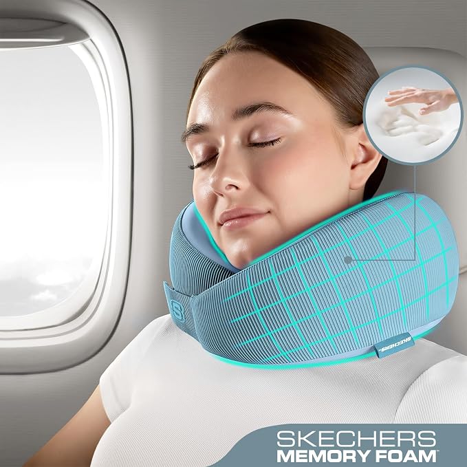 Skechers Women's Memory Foam Neck Pillow, Comfortable & Breathable Travel Pillow,Neck Pillow Airplane for Travel, Car Rides, Home, and Office Use, Ergonomic Design for Men and Women,Light Blue - Image 2