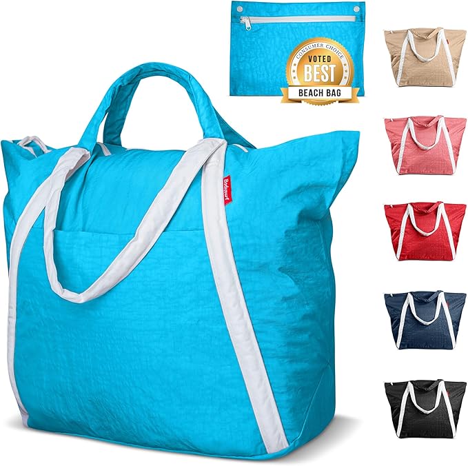 Bodysurf Beach Bag Waterproof Sandproof, Foldable Packable Travel Zip Tote | Pool, boat and swim bag for men and women, XL and medium, 6 colors, zip-top, front pocket, inner wet pouch, recycled nylon by Bodysurf