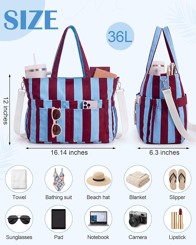 Kacctyen Striped Beach Tote Bag for Women Large Beach Foldable Tote Bag with Zipper Pockets for Travel Pool - Image 3