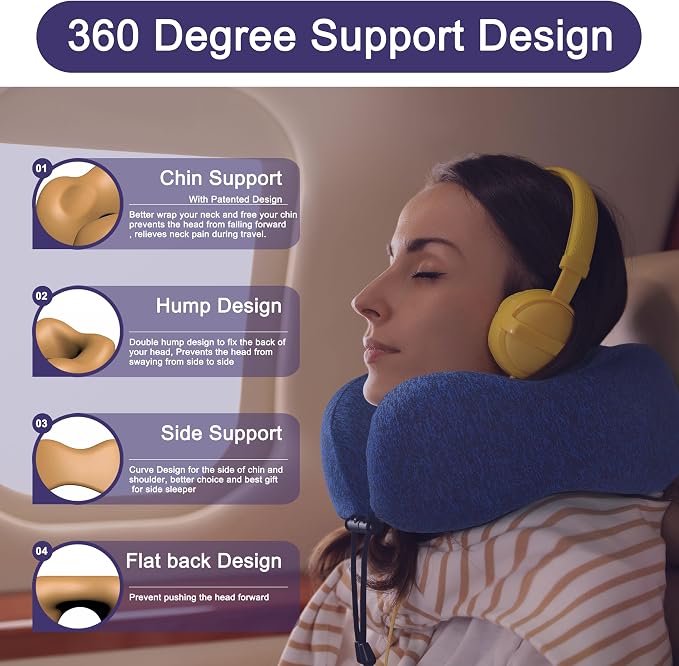 napfun Neck Pillow for Travel, Memory Foam Airplane Pillow, Full Dark Blue | 360° Neck Support, Upgraded 100% Memory Foam for Airplane, Car, Train, Bus, Office Sleep, Travel Essentials for Long Flights - Image 3