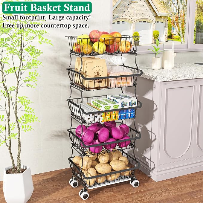 OKZEST 5 Tier Fruit Basket for Kitchen, Stackable Bins Wire Rack with Wheels, Fruit and Vegetable Storage Basket Pantry Food Snack Organizer Shelf, Kitchen Storage Cart for Onion and Potato, Produce | Kitchen pantry organizer rack with dirt catch tray,... - Image 6