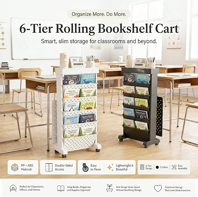 BYFU 6-Tier Rolling Bookshelf Cart, Black | Movable with Wheels, File Paper Storage Organizer, For Home Office Study Classroom - Image 7