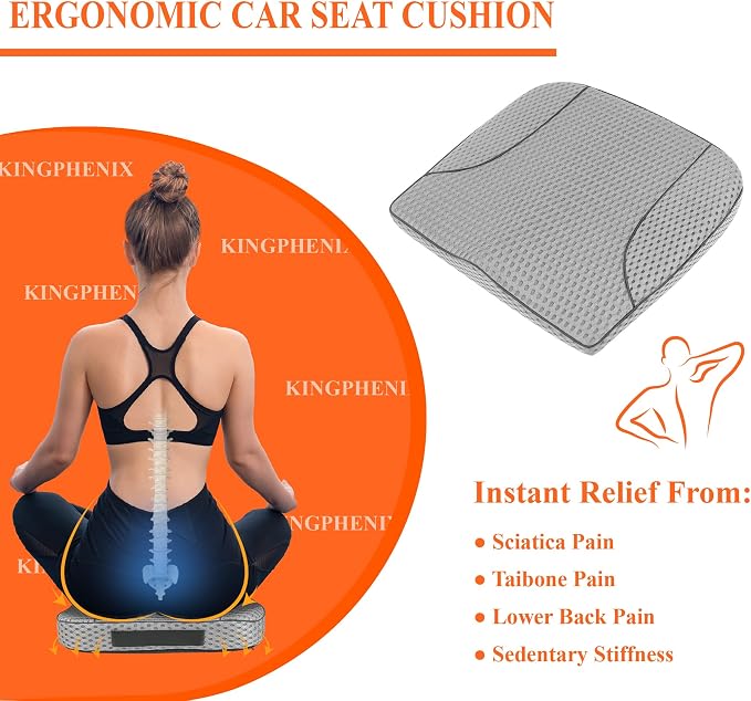 kingphenix Memory Foam Car Seat Cushion for Driving Comfort and Office Use | Coccyx and Lower Back Pressure Relief, Non-Slip Seat Cushion for Car, Truck, SUV, Long Drives and Office Chair, 4D Mesh Gray - Image 2