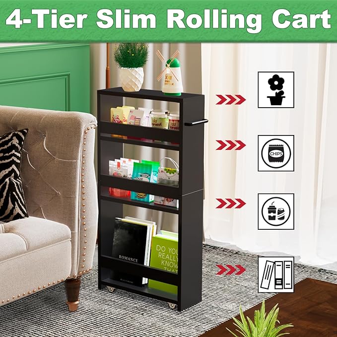MARTY Slim Rolling Storage Cart, Wood Utility Kitchen Bathroom Laundry Cart | 4 Tier Kitchen Cart with Wheels Handle, Laundry Room Organization, Narrow Bathroom Storage Cabinet, 5.5" Wide Storage Trolley - Image 7