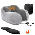 Travel Neck Pillow for Airplane, 100% Memory Foam (Gray) | 4-in-1 Set with 3D Eye Mask, Earplugs, Carry Bag, Washable Cotton Cover & Snap Buttons, Neck Pillow for Plane, Car & Train by Point2Points