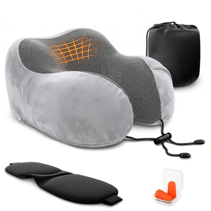 Travel Neck Pillow for Airplane, 100% Memory Foam (Gray) | 4-in-1 Set with 3D Eye Mask, Earplugs, Carry Bag, Washable Cotton Cover & Snap Buttons, Neck Pillow for Plane, Car & Train by Point2Points