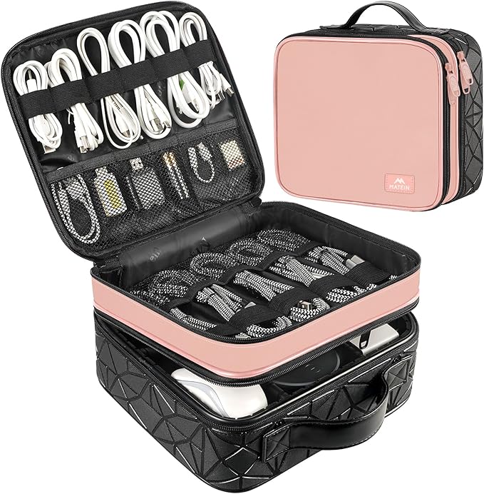 MATEIN Cord Organizer Box with Adjustable Divider, DJ Gear Bag | DJ Cable File Bag, Cord Bags, Music Equipment Accessories, Sound Instrument Storage, Double Layer, Shockproof, Portable, Pink by MATEIN