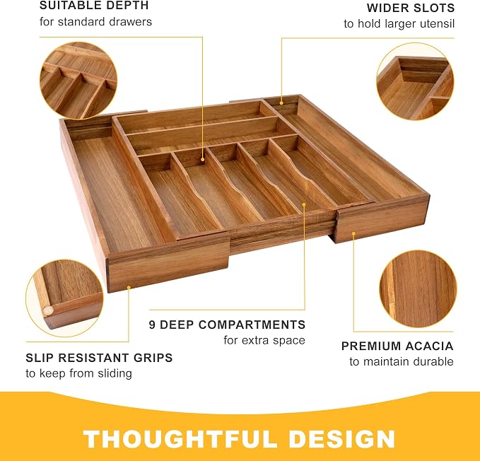 Large Premium Acacia Silverware Organizer - Expandable Drawer Organizer & Utensil Organizer - 17"x19.7" Cutlery Tray with Dividers for Kitchen Utensils and Flatware (7-9 Slots) Acacia - Image 6