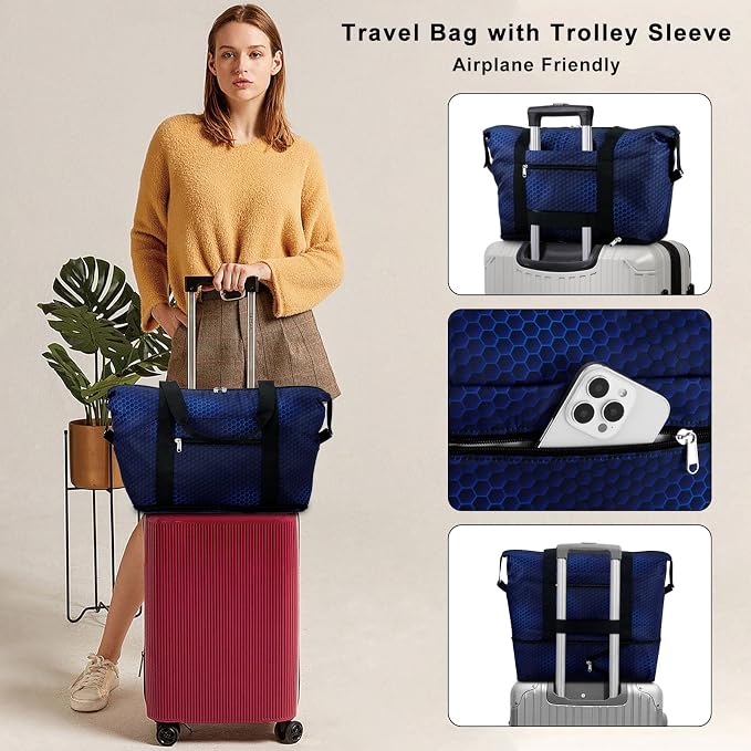 Expandable Duffel Bag for Women with Trolley Sleeve/Wet Pocket Weekender Travel Tote Large Carry On Overnight Luggage - Image 2