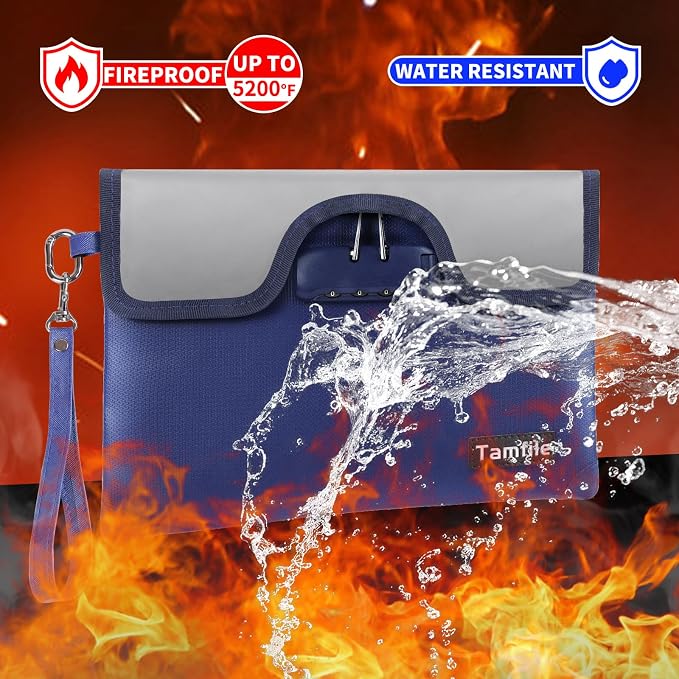 5200°F Fireproof Money Bag with Lock, Water Fireproof Document Bag with Zipper, 8 Layers Fire Insulation, Small Fireproof Safe Storage Pouch with Lock for Cash, Passport, (8.3" x 11", Blue) - Image 2
