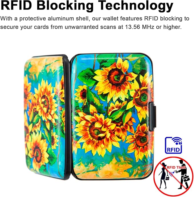 Credit Card Holder, Metal Card Wallet RFID Blocking Mini Slim Aluminum Business Hard Card Case for Women Men (Sunflowers) - Image 3