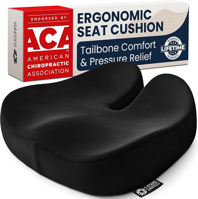 5 STARS UNITED Seat Cushion - Memory Foam Chair Cushion for Tailbone Pain Relief - Ergonomic Support for Coccyx, Sciatica & Butt - Office, Desk & Gaming Chair, Car Seat, Wheelchair, Black Suede by 5STARSUNITED