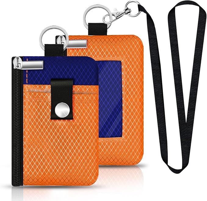 Minimalist RFID Blocking Small Wallet with ID Window,WaterResistant Zip Id Case Wallet with Lanyard Keychain for Cards,Cash,Travel,Women,Men (Orange/Sapphire Blue) - Image 3