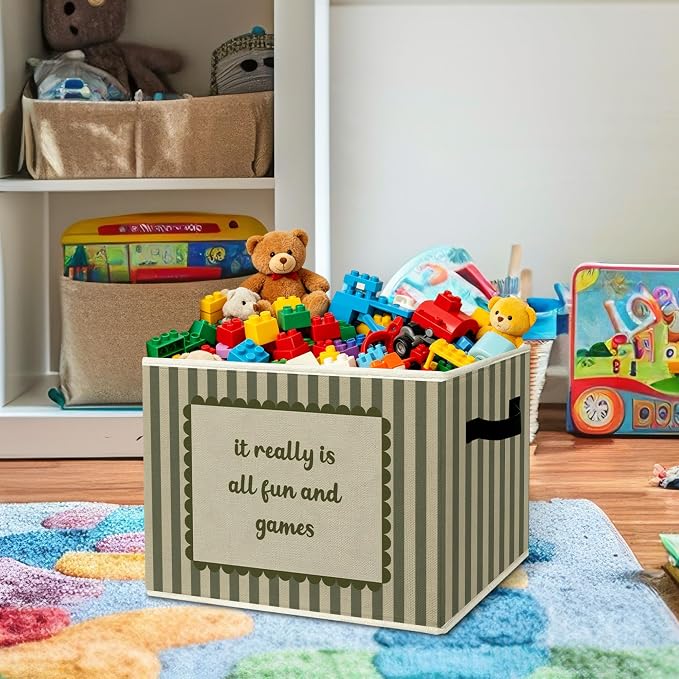 Rustic It Really Is All Fun And Games Storage Bins Boxes with Handles | toys books clothes , green striped nursery foldable basket for organizing bedroom toddler room playroom - Image 2