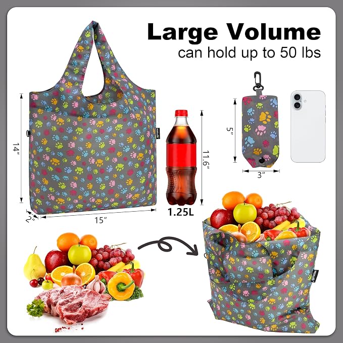 HOLYLUCK Reusable Grocery Bags,Heavy Duty Foldable Shopping Tote Bag (Standard, 3 Dog Paw Prints) - Image 3