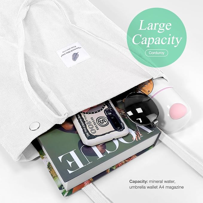 LHMTQVK Corduroy Tote Bags for Women, Large Capacity Tote Purse Reusable Grocery Shoulder Bag with Inner Pockets - Image 5