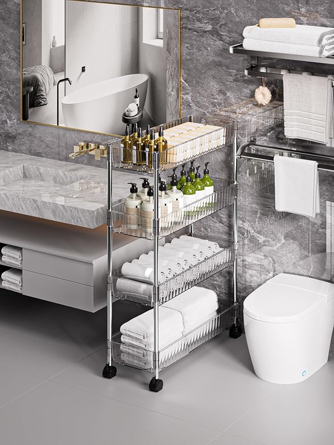 Sooyee Slim Rolling Storage Cart, 4 Tier, Clear | Bathroom Rolling Utility Cart Storage Organizer, for Office Bathroom Kitchen Laundry Room Narrow Places - Image 6
