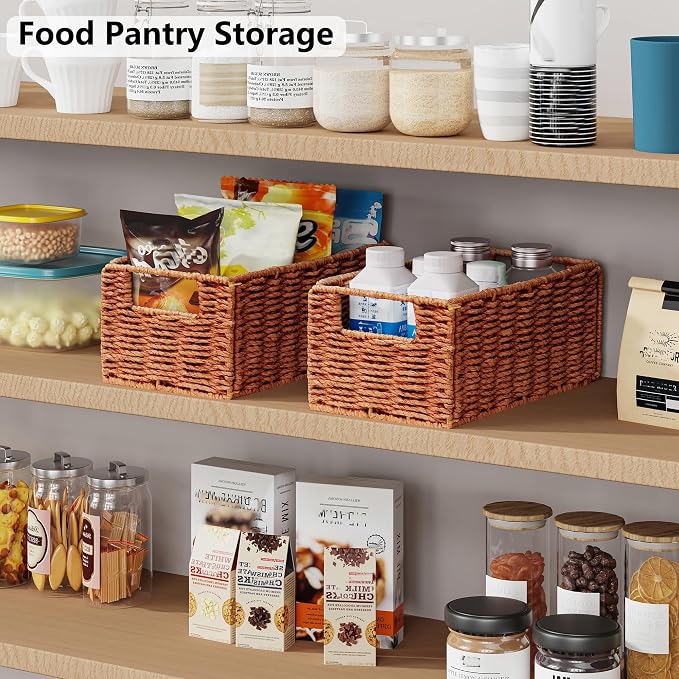 Wicker Storage Basket, Set of 2 Hand-Woven Paper Rope Wicker Basket, Small Storage Baskets for Organizing Toilet Paper, Foldable Small Cube Organizer Bins for Shelves (Orange) - Image 6