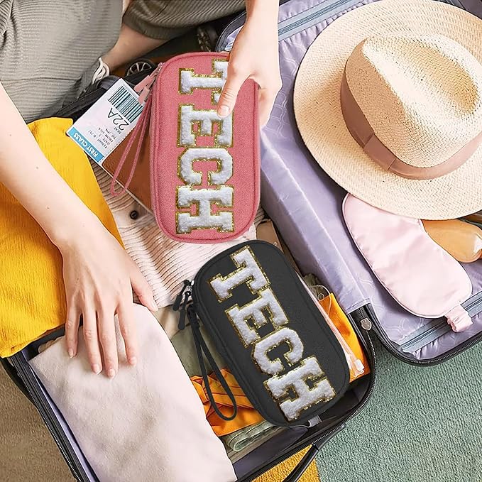 COSHAYSOO Cord Charger Organizer Travel Case Traveling Trip Gifts for Women TECH Bag Chenille Letter Pouch, Electronics Accessories Summer Camp College Dorm Essentials Must Have for Teen Girls Pink - Image 6