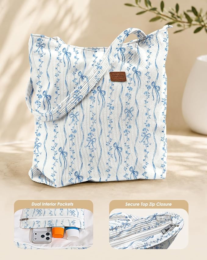 Aesthetic Corduroy Tote Bag with Zipper for Women | Reusable, Fits 14 Inch Laptop, Inner Pocket, double-sided print, Lightweight - Image 4