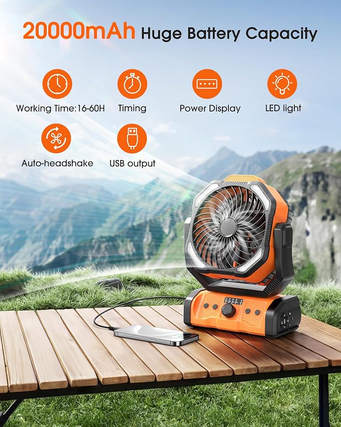 Portable Rechargeable Camping Fan 20000mAh Cordless Battery Powered Fans | with LED Lantern, Remote Auto Oscillating USB C Operated Table Ventilador for Travel Picnic Barbecue Outdoor Tent - Image 2