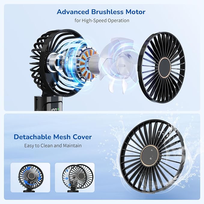 Portable Handheld Fan, USB Rechargeable Foldable Mini Personal Fan, 5200mAh, 180 Adjustable, 6 Speed Wind, 3 IN 1 Hand Cooling Desk Fan with LED Display for Home Office School Outdoor Travel, Black - Image 3