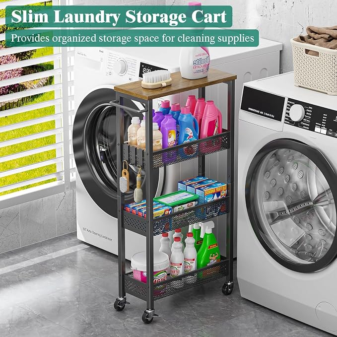 Slim Rolling Storage Cart 4 Tier Bathroom Organizer Mobile Shelving Unit Utility Cart with Wood Top and Handle for Kitchen Laundry Narrow Places, Black - Image 4