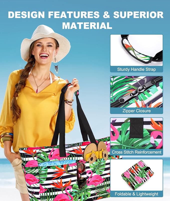 ISEYOU Extra Large Beach Bag Waterproof Beach Totes Bags for Women, Lightweight Foldable Pool Bag with Zipper Wet Compartment - Image 6
