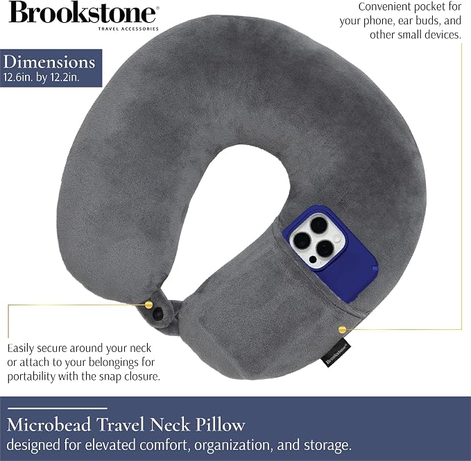 Brookstone Microbead Neck Pillow Soft Travel Pillow with Phone Pocket | Millions of Tiny Beads Flex to Your Shape for Custom Support, Dual-Sided Fleece and Cool Microfiber Sides Suit Any Season - Image 2