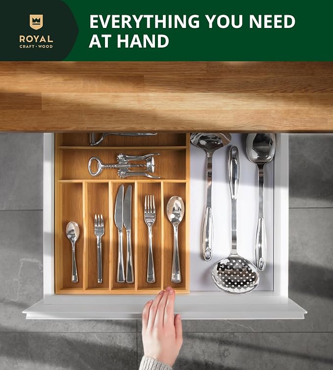 ROYAL CRAFT WOOD Luxury Bamboo Utensil Rack and Silverware Organizer, Kitchen Drawer Organizer - Utensil Holder and Cutlery Tray with Grooved Drawer Dividers for Flatware 7 Slot, Natural - Image 6