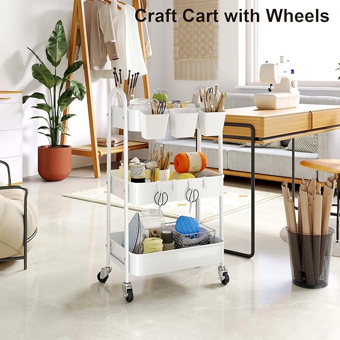 3 Tier Heavy Duty White Metal Rolling Cart with Lockable Wheels,Roller Cart | Three Tier Book Snack Cart, Utility Storage Organizer Carts for Kitchen, Bathroom, Garage, Baby Diaper, Craft, Art, Teacher - Image 3